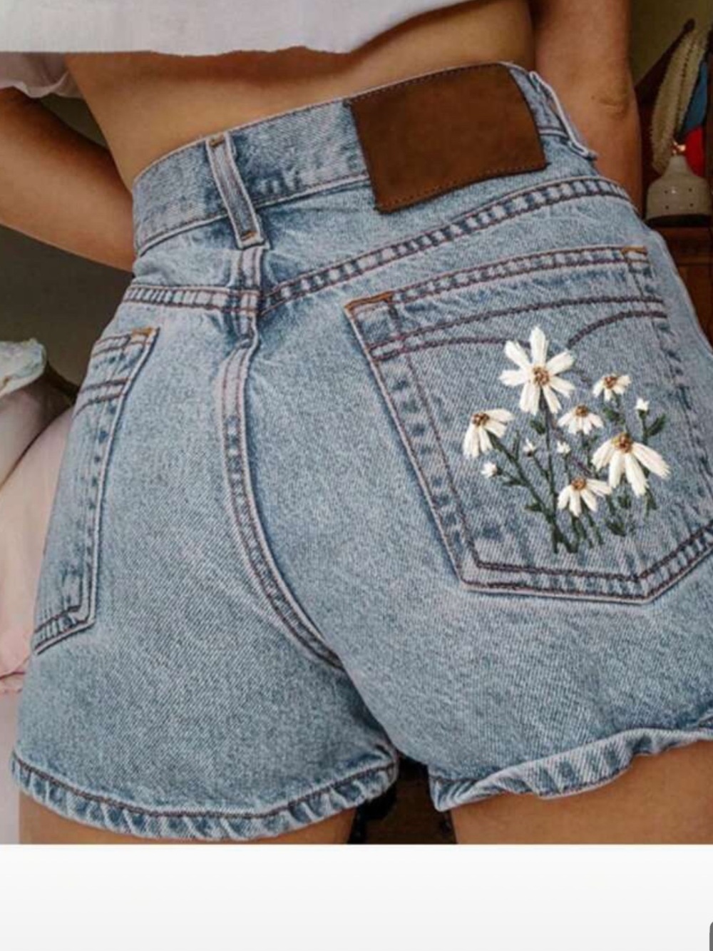 Light Blue Denim Shorts with Embroidered Daisies - Women